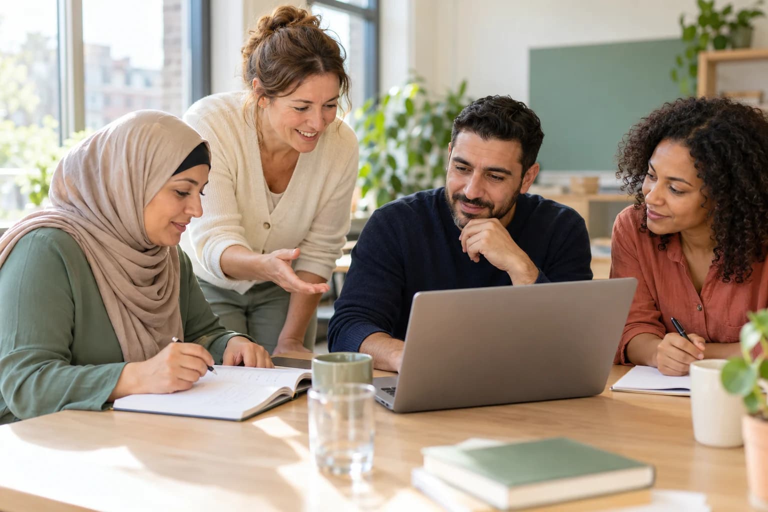 AI-sfeerbeeld, geen echte Inburgify-klas. De voorbeeldvraag is eigen oefenmateriaal.